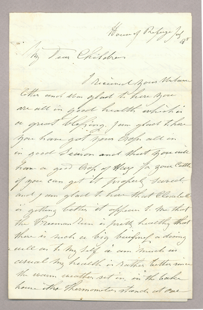 Letter. R[obert] Brownlee, House of Refuge, Cincinnati, Ohio, to "My Dear Children" [John E. and Elizabeth Savage Brownlee], n. p., Page 1