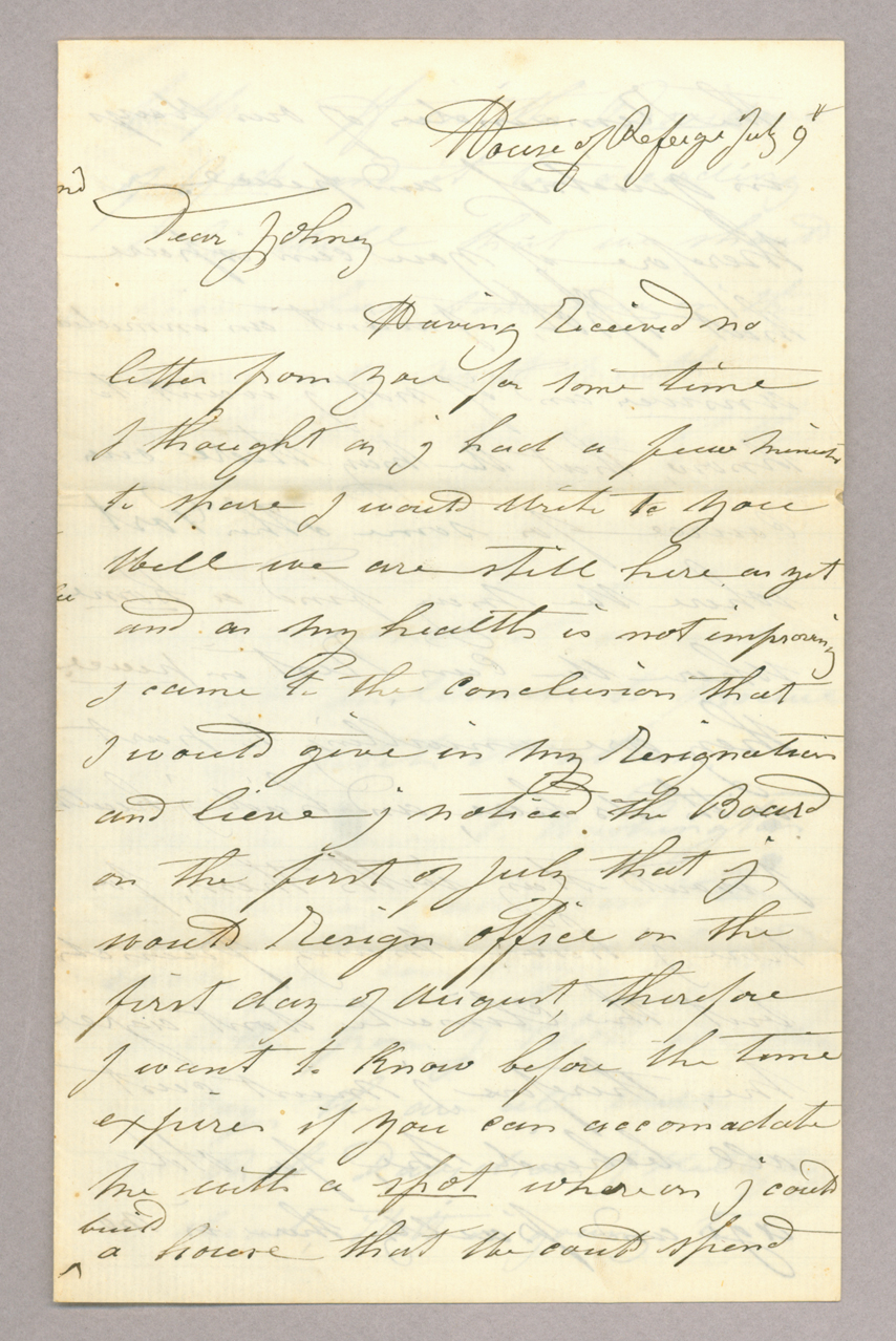 Letter. R[obert] Brownlee, House of Refuge, Cincinnati, Ohio, to "Dear Johny" [John E. Brownlee], n. p., Page 1