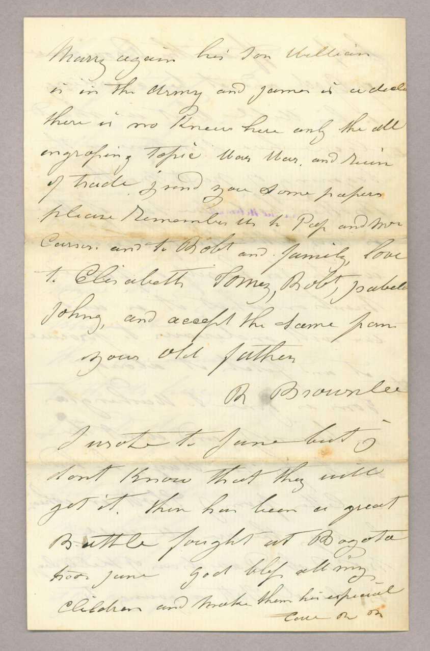 Letter. R[obert] Brownlee, House of Refuge, Cincinnati, Ohio, to "Dear Johny" [John E. Brownlee], n. p., Page 4