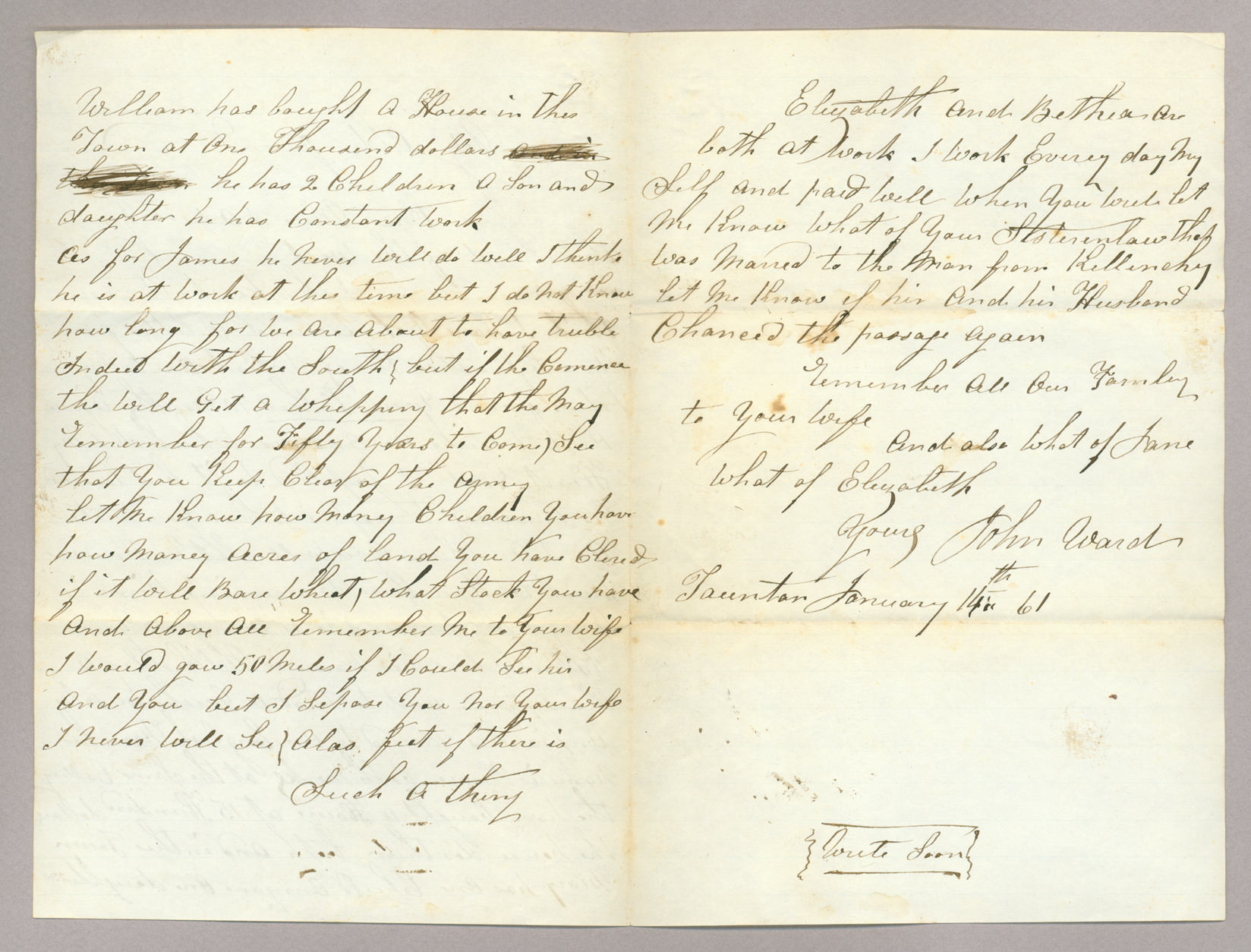 Letter. John Ward, Taunton, Massachusetts, to "My Old friend" [John E. Brownlee], n. p., Pages 2-3