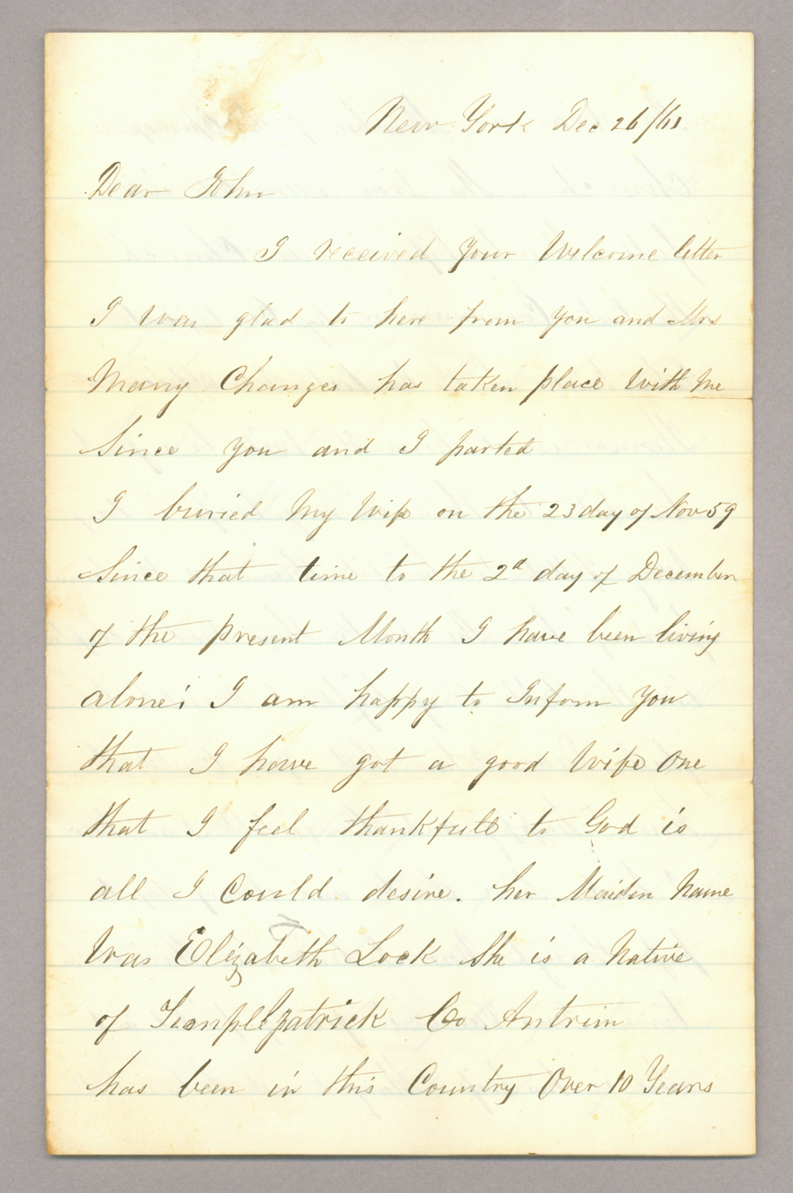 Letter. James Stott, New York, New York, to "Dear John" [John E. Brownlee], n. p., Page 1