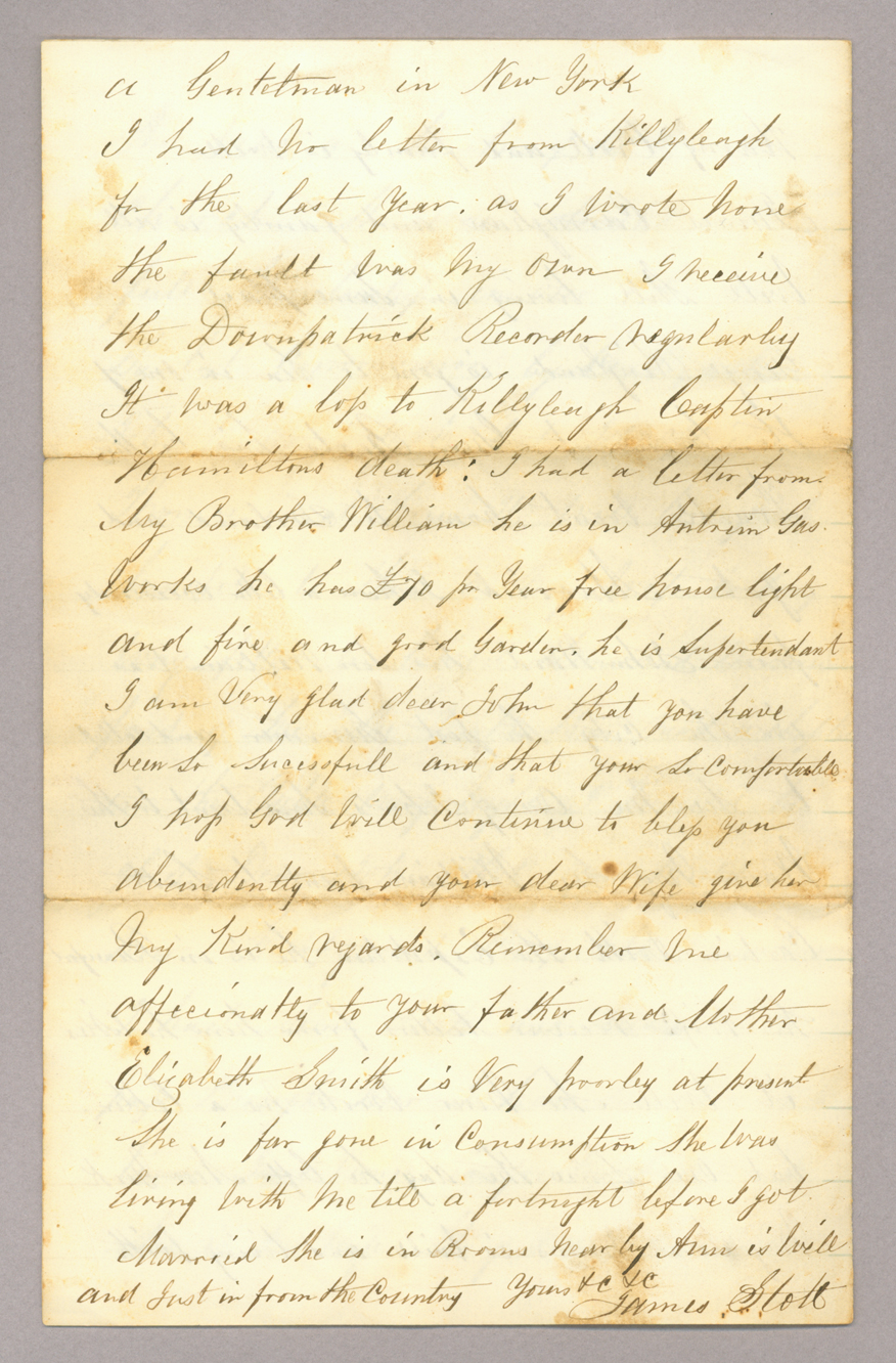 Letter. James Stott, New York, New York, to "Dear John" [John E. Brownlee], n. p., Page 4