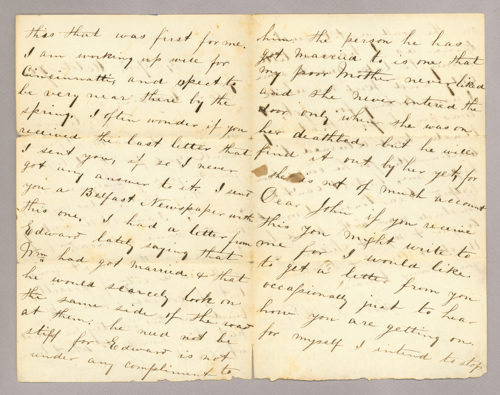 Letter. Robert L. Oldham, Guilford, Ohio, to "Dear Cousin" [John E. Brownlee], n. p., Pages 2-3