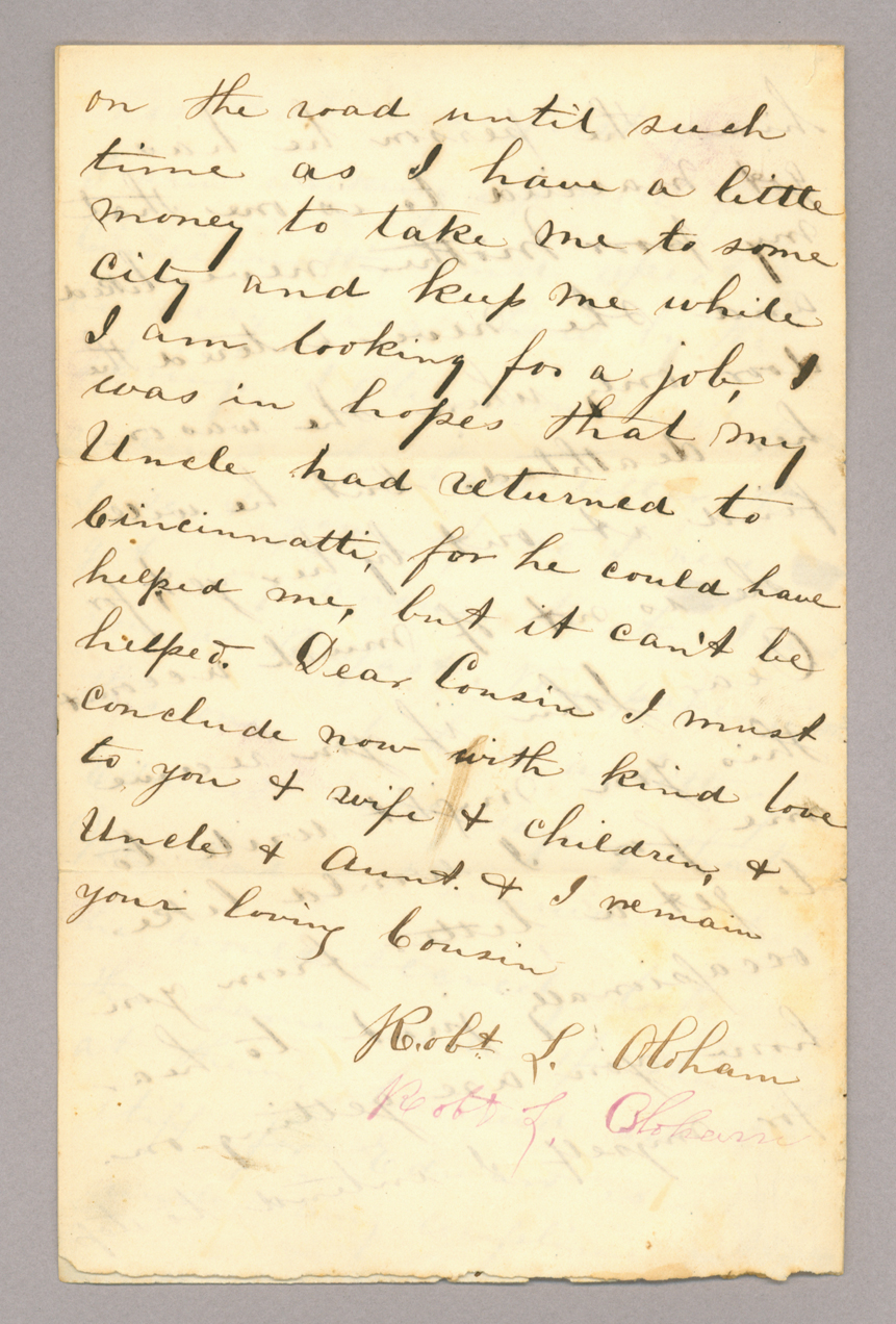 Letter. Robert L. Oldham, Guilford, Ohio, to "Dear Cousin" [John E. Brownlee], n. p., Page 4