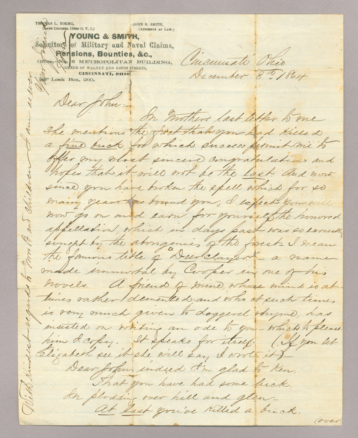 Letter. "Tom" [Thomas Lowry Young], Cincinnati, Ohio, to "Dear John" [John E. Brownlee], n. p., Page 1