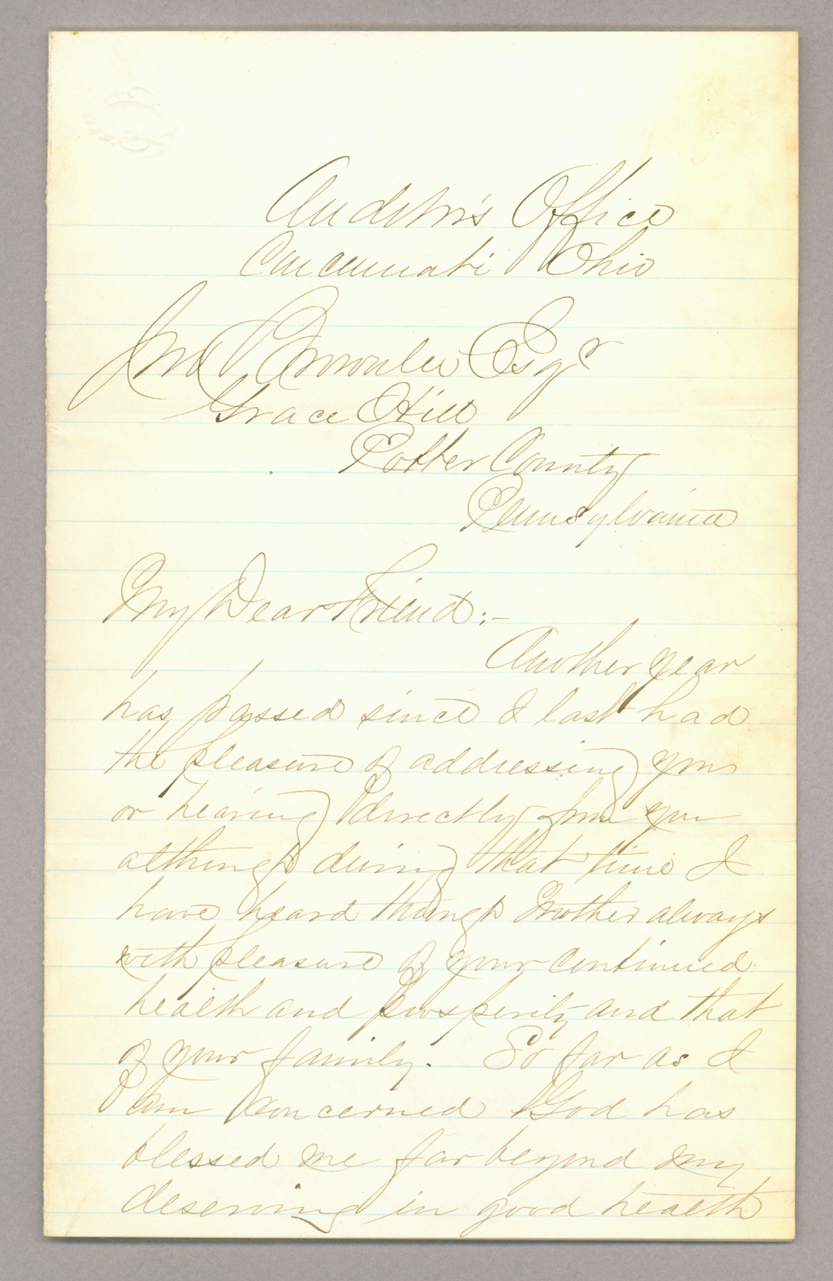 Letter. "Tom" [Thomas Lowry Young], Cincinnati, Ohio, to "Jno [E.] Brownlee Esqr", Grace Hill, Potter County, Pennsylvania, Page 1