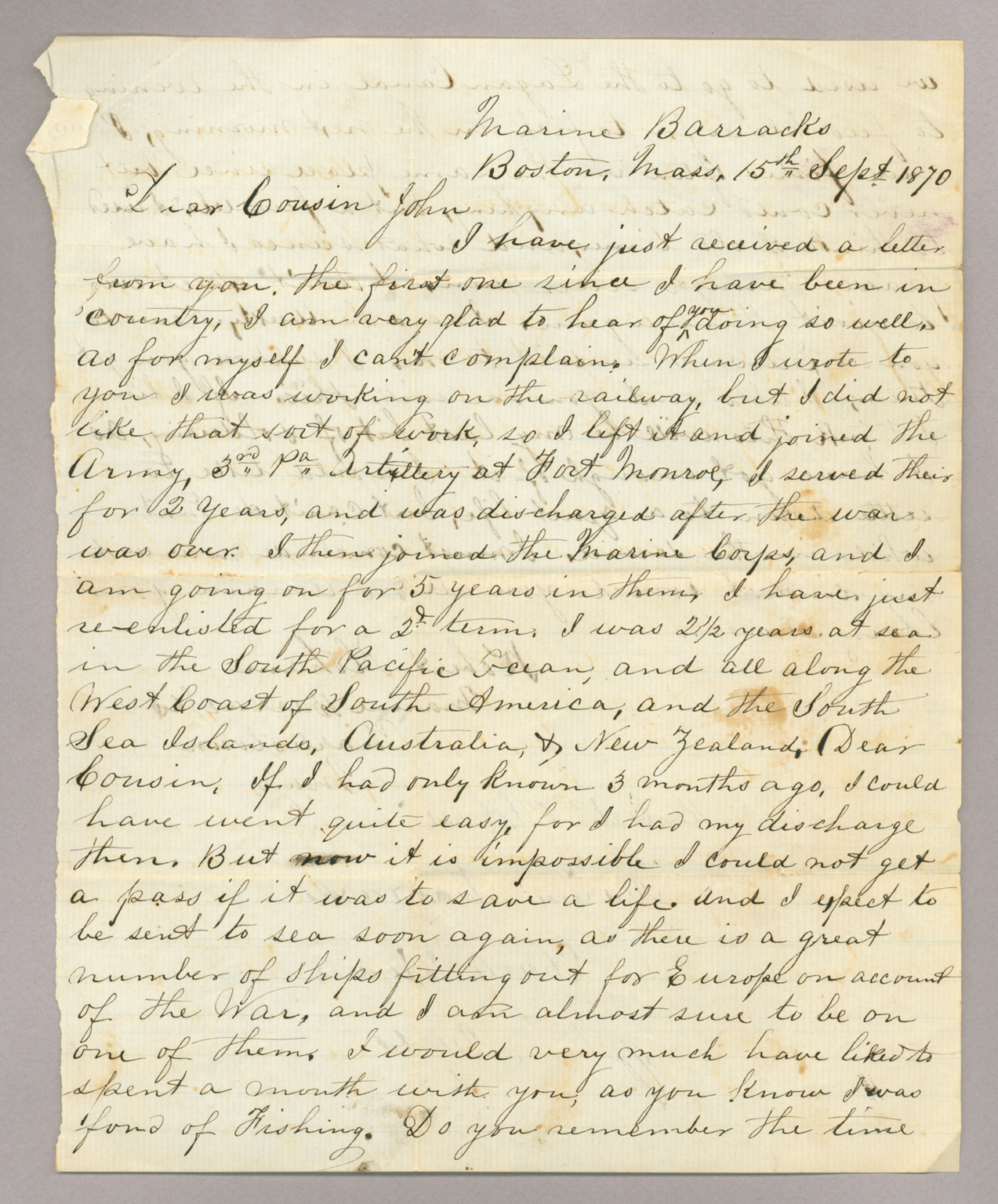 Letter. Robert [L.] Oldham, Marine Barracks, Charlestown, Massachusetts, to "Dear Cousin John" [E. Brownlee], n. p., Page 2