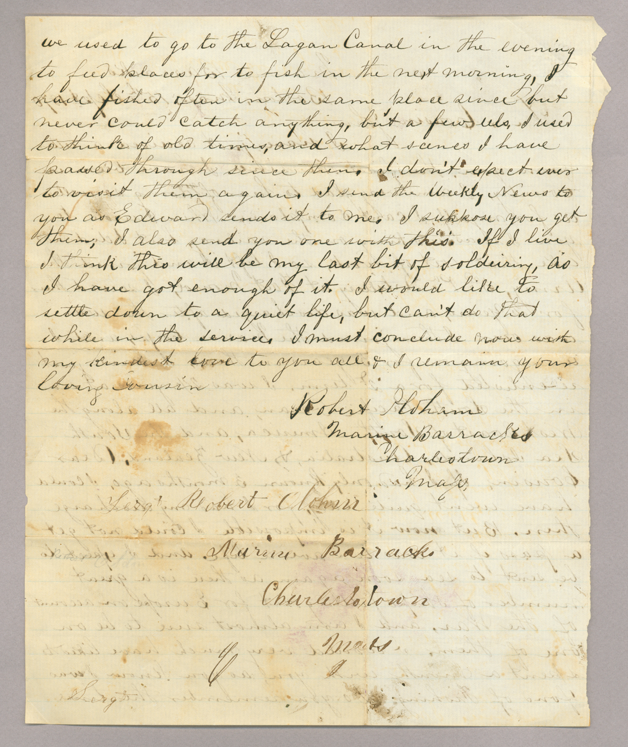 Letter. Robert [L.] Oldham, Marine Barracks, Charlestown, Massachusetts, to "Dear Cousin John" [E. Brownlee], n. p., Page 2