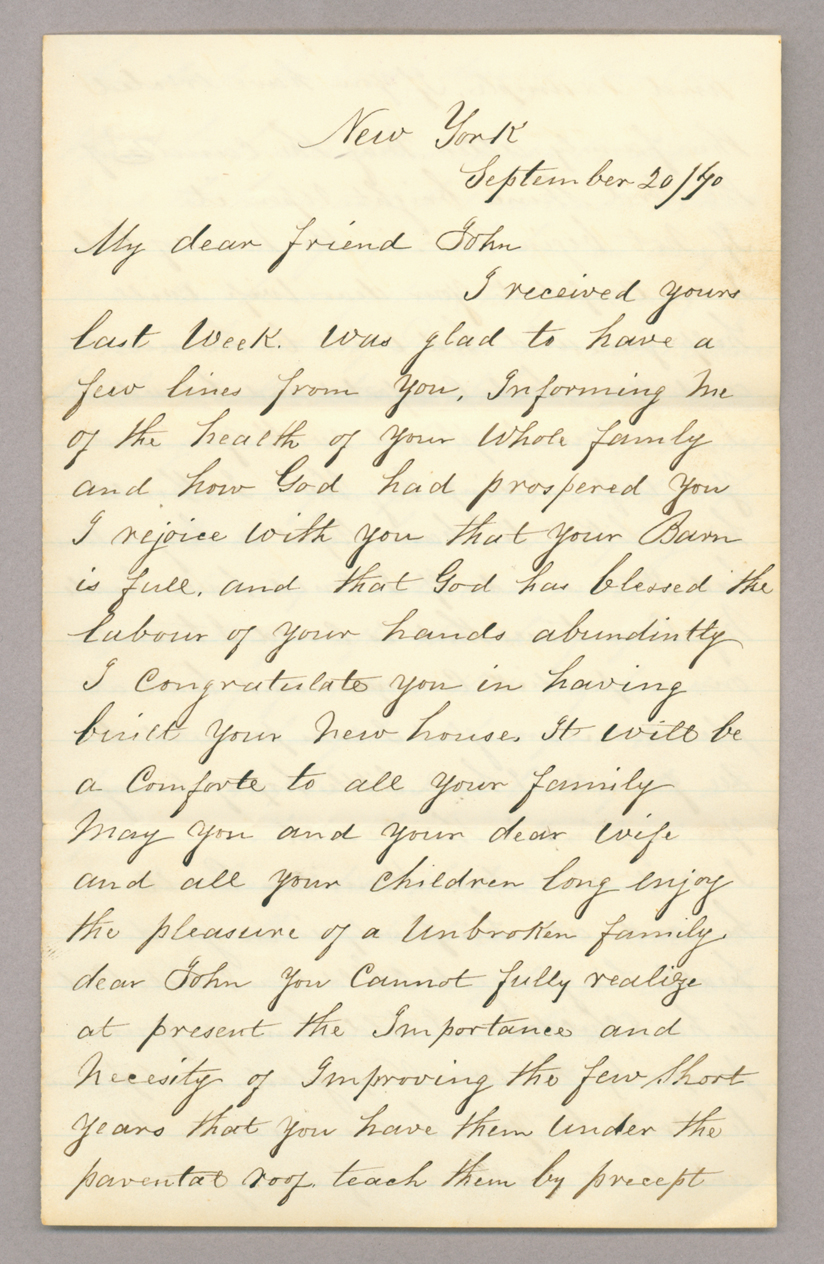 Letter. James Stott, New York, New York, to "My dear friend John" [John E. Brownlee], n. p., Page 1