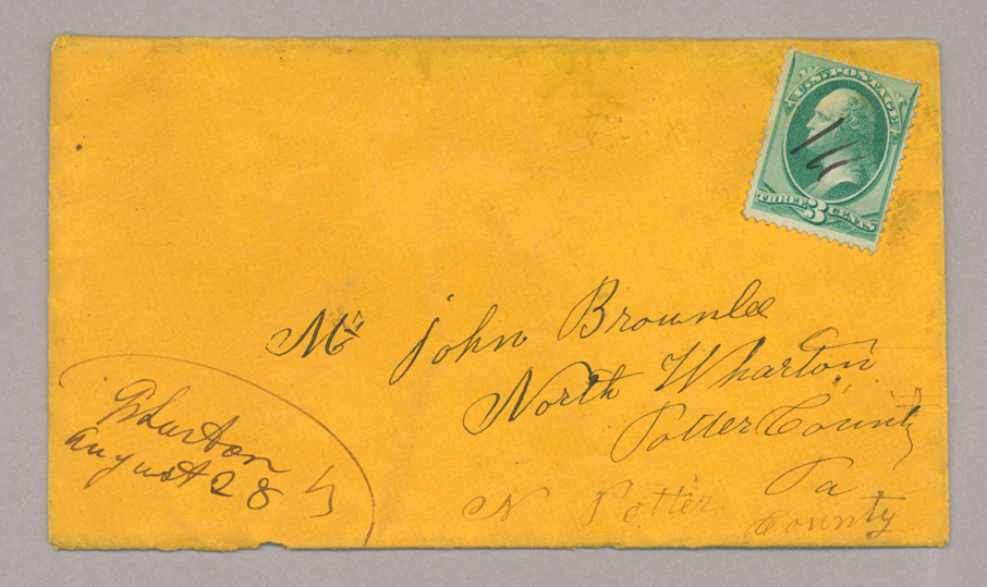 Letter. Burns & Bros., Wharton, Pennsylvania, to Mr John [E.] Brownlee, North Wharton, Pennsylvania, Envelope, Side 1