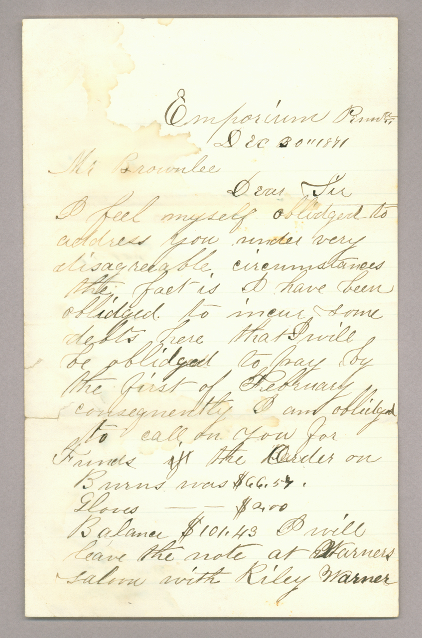 Letter. F Moon, Emporium, Pennsylvania, to Mr [John E.] Brownlee, n. p., Page 1