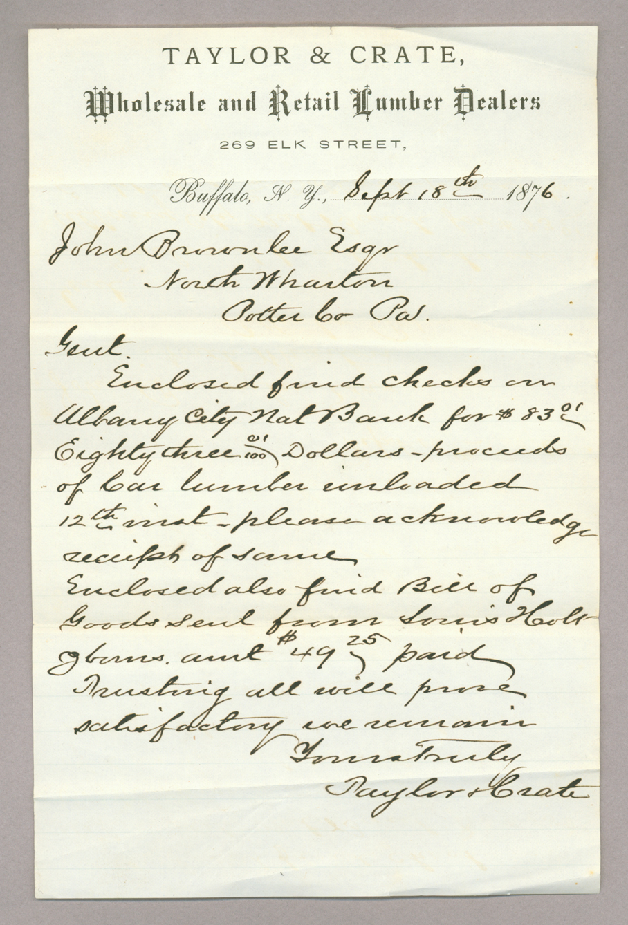 Letters. Taylor & Crate, Buffalo, New York, to John [E.] Brownlee Esqr, North Wharton, Pennsylvania, Letter 1, Page 1
