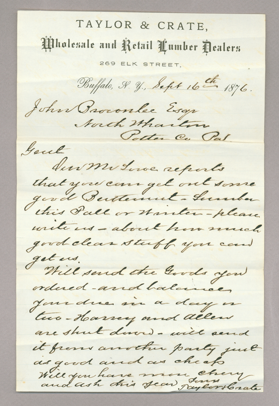 Letters. Taylor & Crate, Buffalo, New York, to John [E.] Brownlee Esqr, North Wharton, Pennsylvania, Letter 2, Page 1