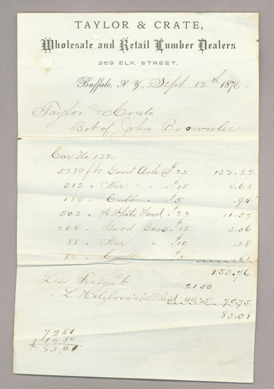 Letters. Taylor & Crate, Buffalo, New York, to John [E.] Brownlee Esqr, North Wharton, Pennsylvania, Letter 3, Page 1
