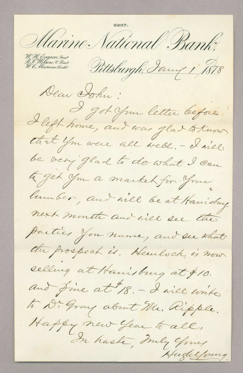 Letter. Hugh Young, Pittsburgh, Pennsylvania, to Jno [E.] Brownlee Esq, North Wharton, Pennsylvania, Page 1