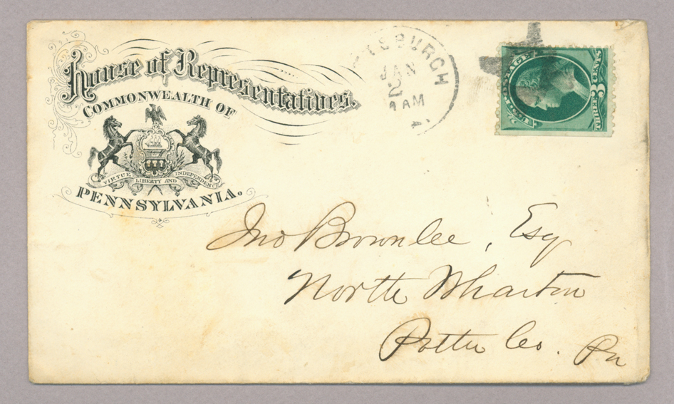 Letter. Hugh Young, Pittsburgh, Pennsylvania, to Jno [E.] Brownlee Esq, North Wharton, Pennsylvania, Envelope, Side 1