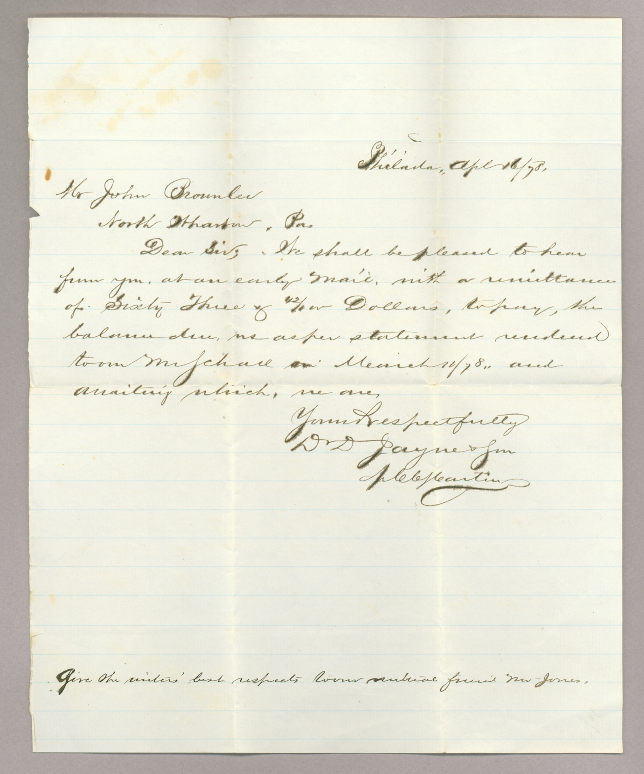 Papers pertaining to John E. Brownlee's account with Dr. D. Jayne & Son, Philadelphia, Pennsylvania, Letter