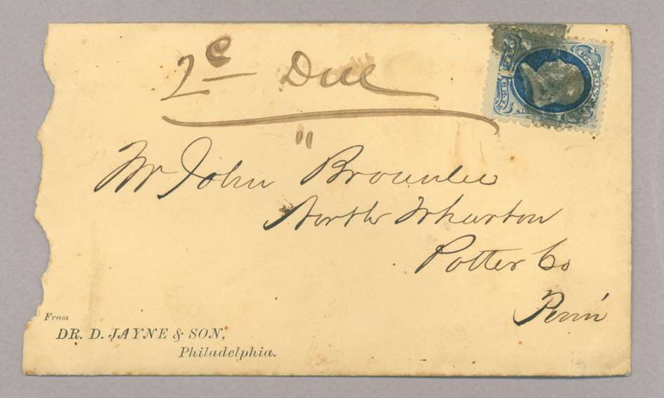 Papers pertaining to John E. Brownlee's account with Dr. D. Jayne & Son, Philadelphia, Pennsylvania, Envelope, Side 2