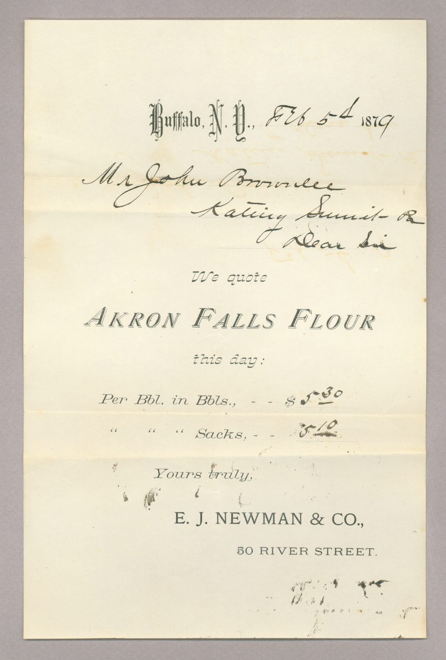 Letters. E. J. Newman & Co., Buffalo, New York, to Mr. John [E.] Brownlee, North Wharton, Pennsylvania, Letter 2, Page 1