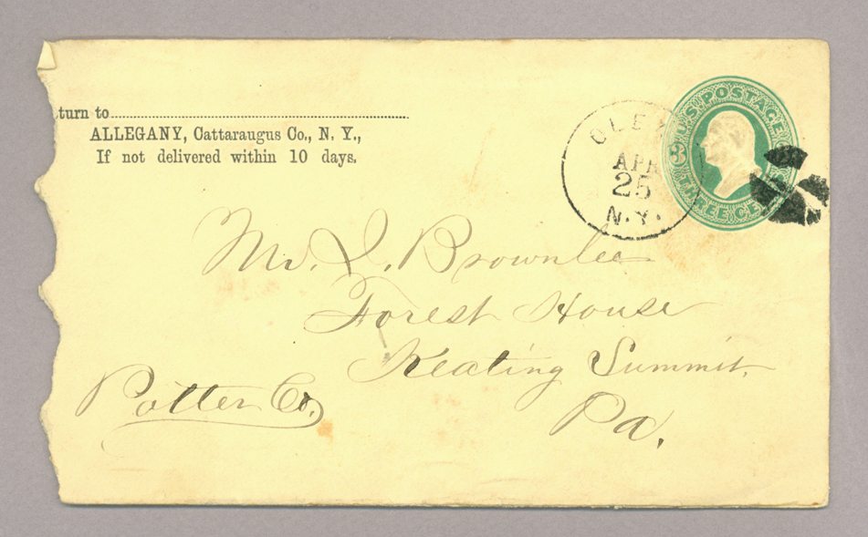 Letter. W. H. Beers, Rock View, New York, to Mr J[ohn E.] Brownlee, Forest House, Keating Summit, Pennsylvania, Envelope, Side 1