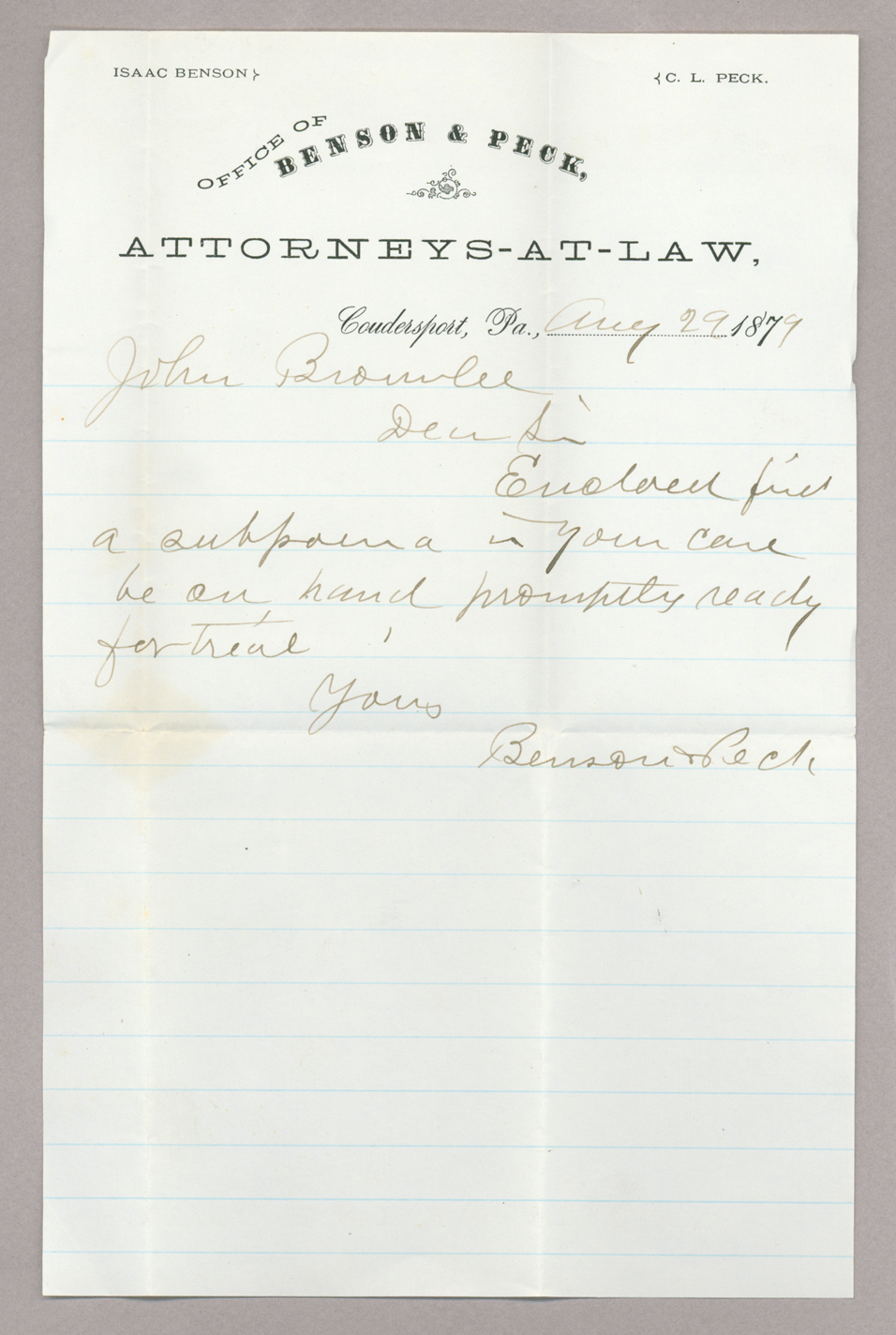 Letter. Benson & Peck, Coudersport, Pennsylvania, to John [E.] Brownlee, North Wharton, Pennsylvania, Page 1