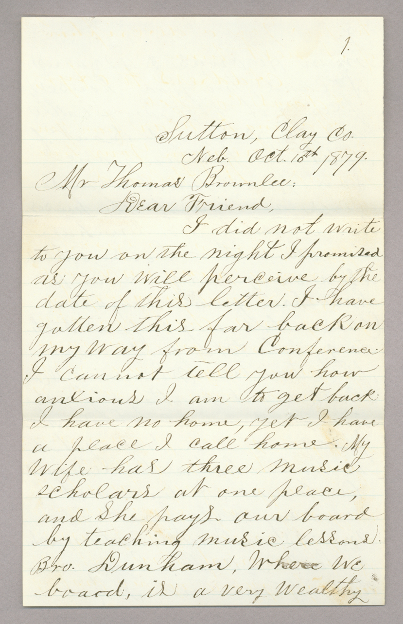 Letter. W. L. Holland, Sutton, Clay County, Nebraska, to Mr. Thomas [E.] Brownlee, North Wharton, Pennsylvania, Page 1