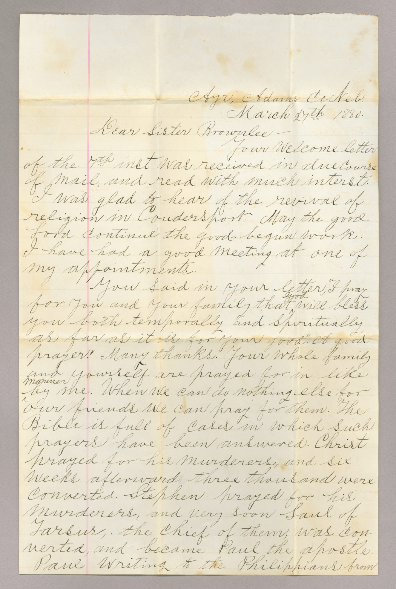 Letter. W. L. Holland, Ayr, Adams County, Nebraska, to Mrs. Elizabeth [Savage] Brownlee, North Wharton, Pennsylvania, Page 1