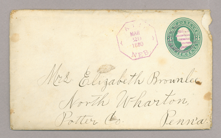 Letter. W. L. Holland, Ayr, Adams County, Nebraska, to Mrs. Elizabeth [Savage] Brownlee, North Wharton, Pennsylvania, Envelope, Side 1