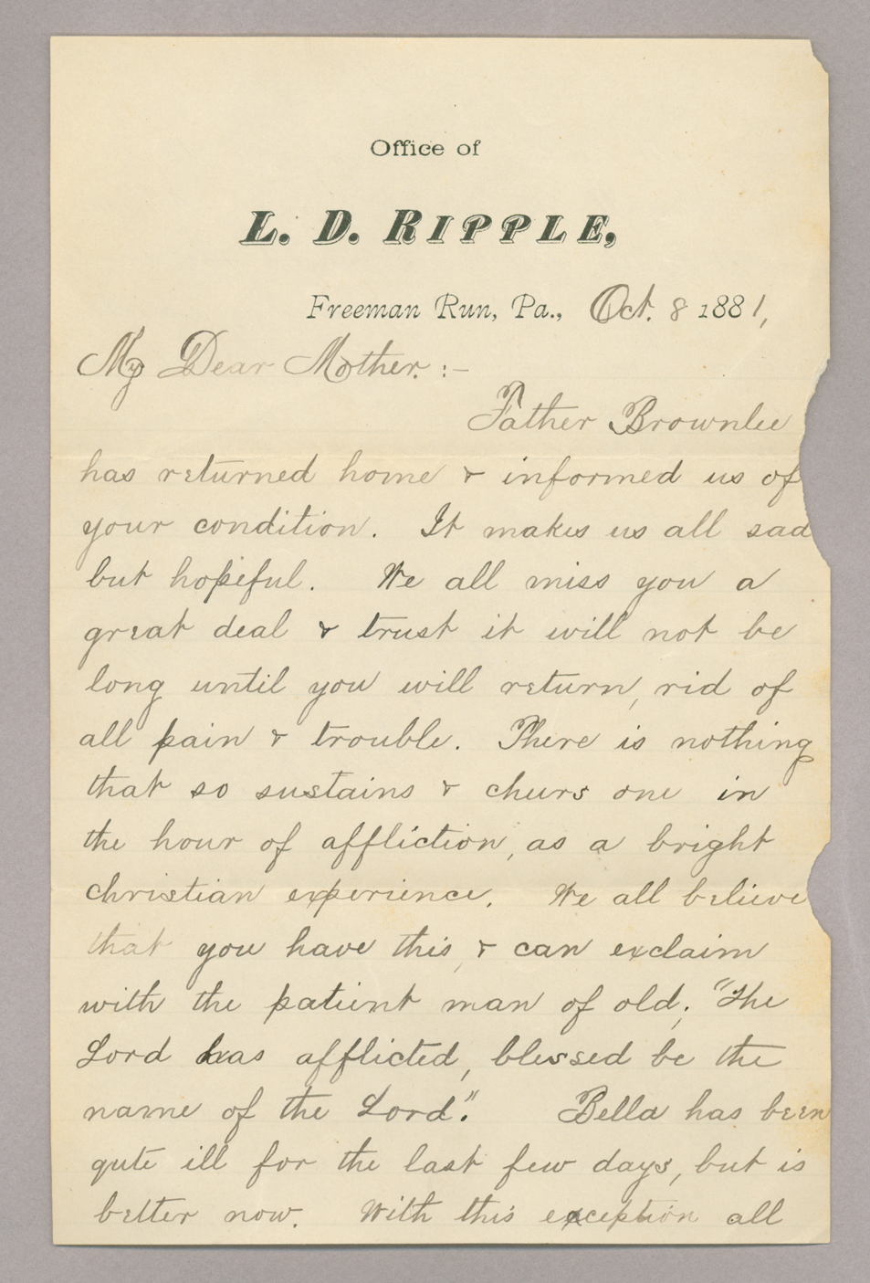 Letter. L[orenzo] D. Ripple, Freeman Run, Pennsylvania, to Mrs. Elizabeth [Savage] Brownlee, Rome, New York, Page 1