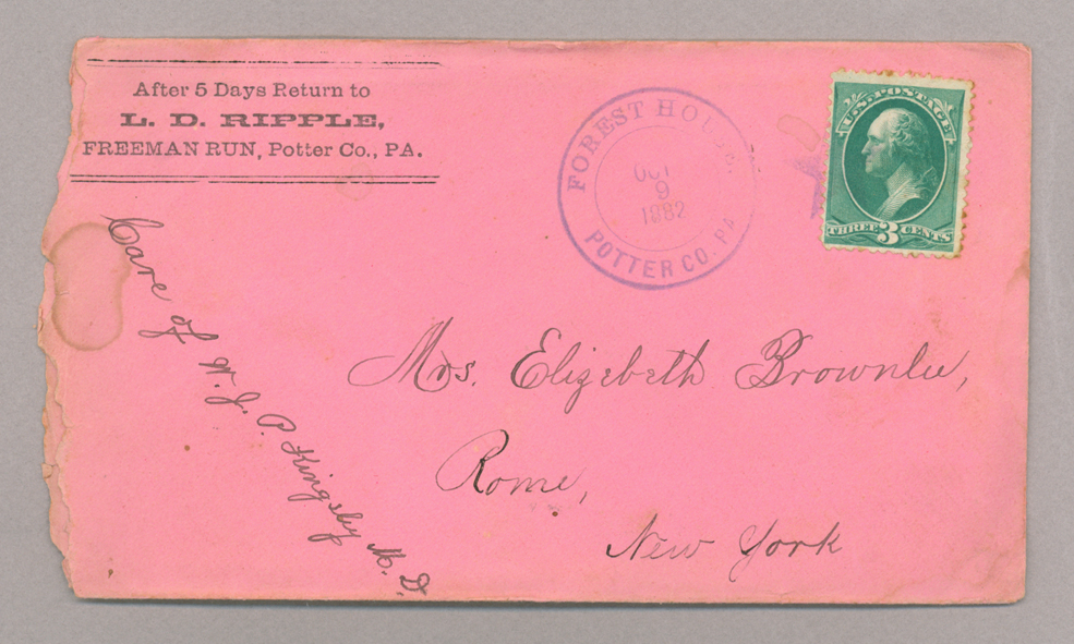 Letter. L[orenzo] D. Ripple, Freeman Run, Pennsylvania, to Mrs. Elizabeth [Savage] Brownlee, Rome, New York, Envelope, Side 1