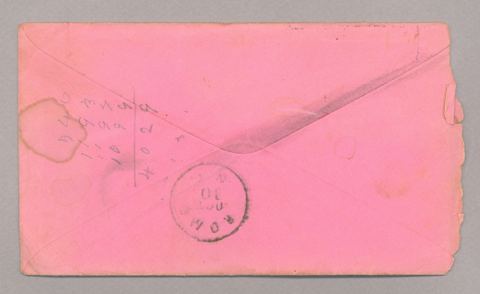 Letter. L[orenzo] D. Ripple, Freeman Run, Pennsylvania, to Mrs. Elizabeth [Savage] Brownlee, Rome, New York, Envelope, Side 2