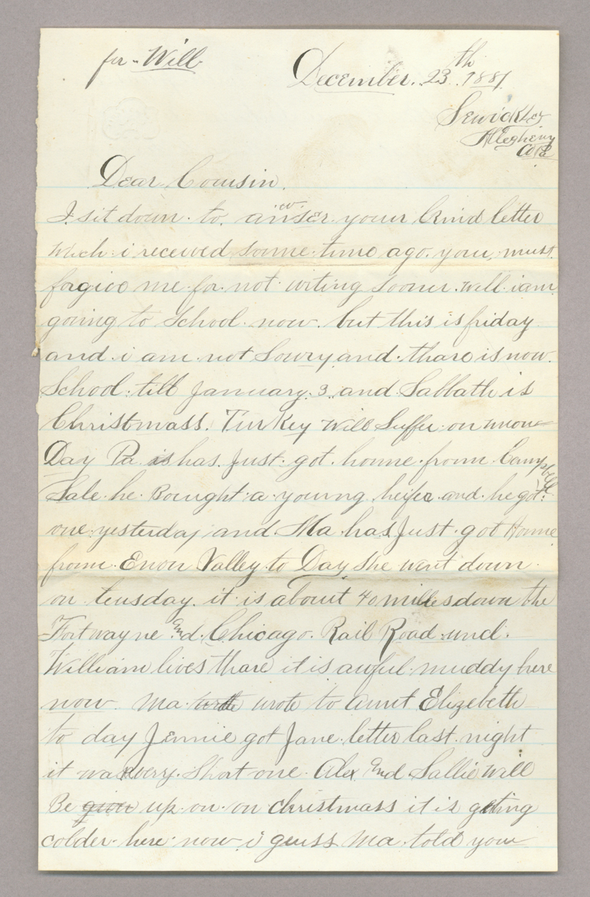 Letter. William McKee, Sewickley, Pennsylvania, to Mrs. John [Savage] Brownlee, North Wharton, Pennsylvania, Page 1