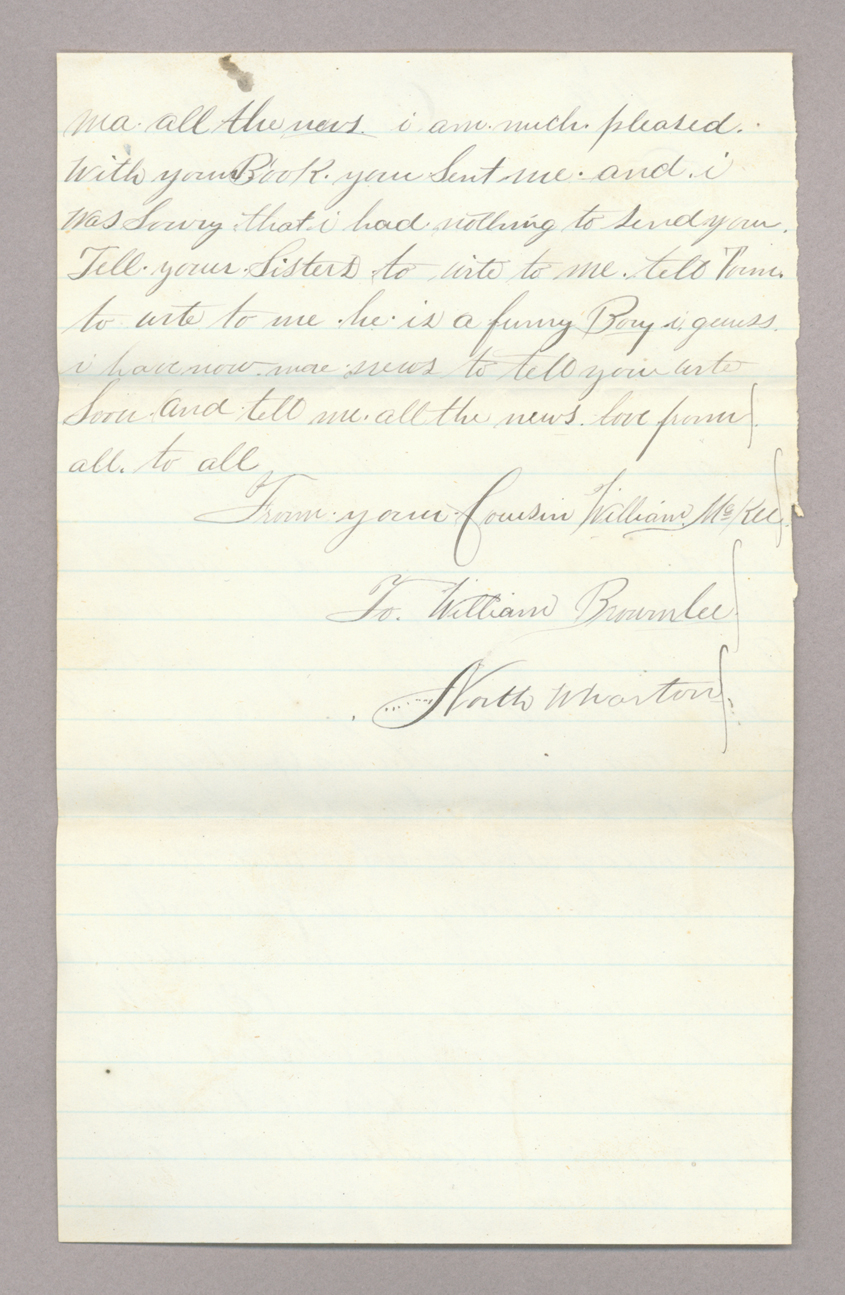 Letter. William McKee, Sewickley, Pennsylvania, to Mrs. John [Savage] Brownlee, North Wharton, Pennsylvania, Page 2