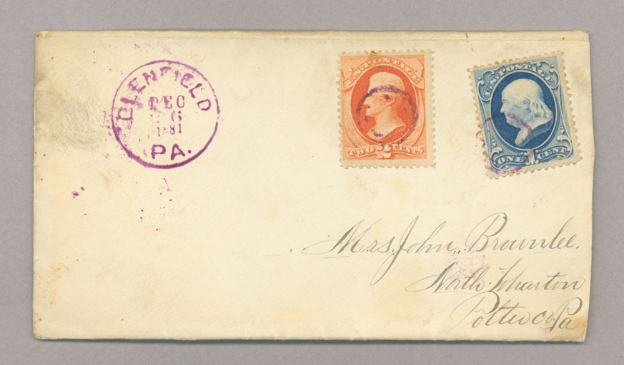 Letter. William McKee, Sewickley, Pennsylvania, to Mrs. John [Savage] Brownlee, North Wharton, Pennsylvania, Envelope, Side 1