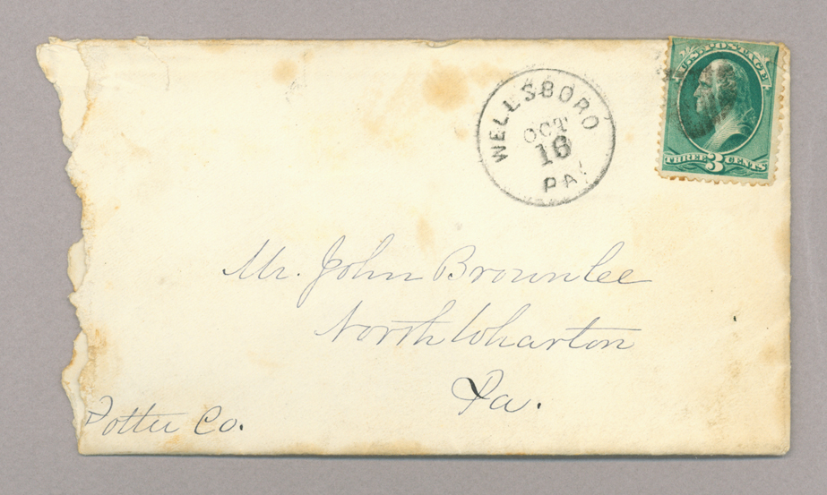 Letter. L. A. Young, Wellsboro, Pennsylvania, to Mr. John [E.] Brownlee, North Wharton, Pennsylvania, Envelope, Side 1