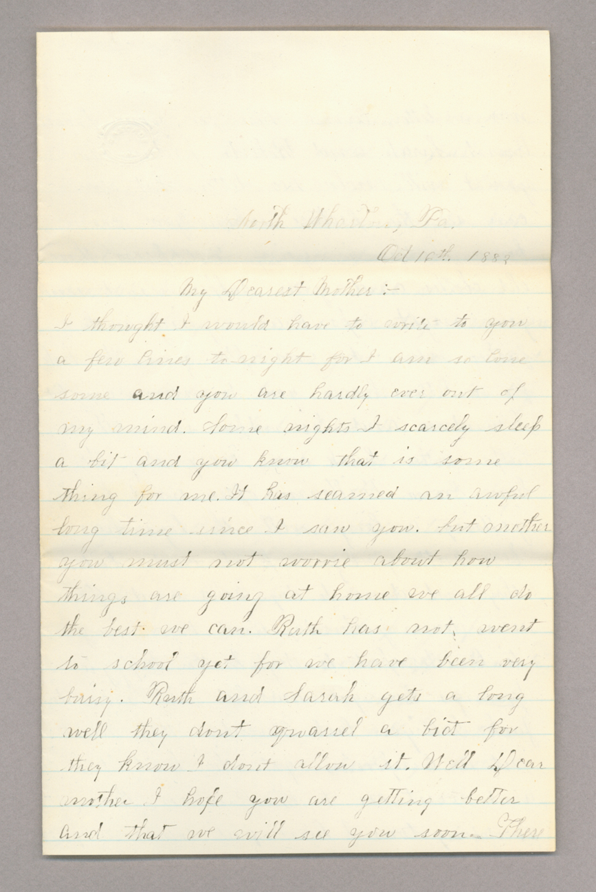 Letter. "Jennie" [Jane Brownlee], North Wharton, Pennsylvania, to "My Dearest Mother" [Elizabeth Savage Brownlee], n. p., Page 1