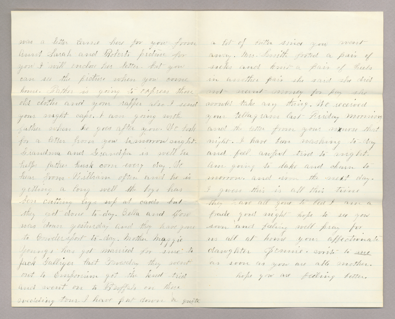 Letter. "Jennie" [Jane Brownlee], North Wharton, Pennsylvania, to "My Dearest Mother" [Elizabeth Savage Brownlee], n. p., Pages 2-3