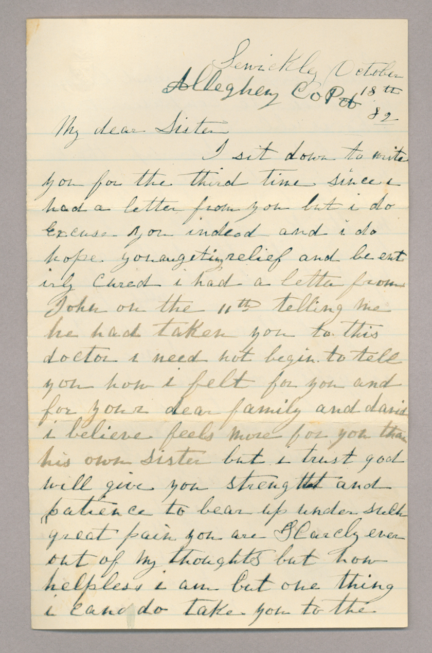 Letter. Sarah A[nn] McKee, Sewickley, Pennsylvania, to Mrs. John [Elizabeth Savage] Brownlee, Park House, Rome, New York, Page 1