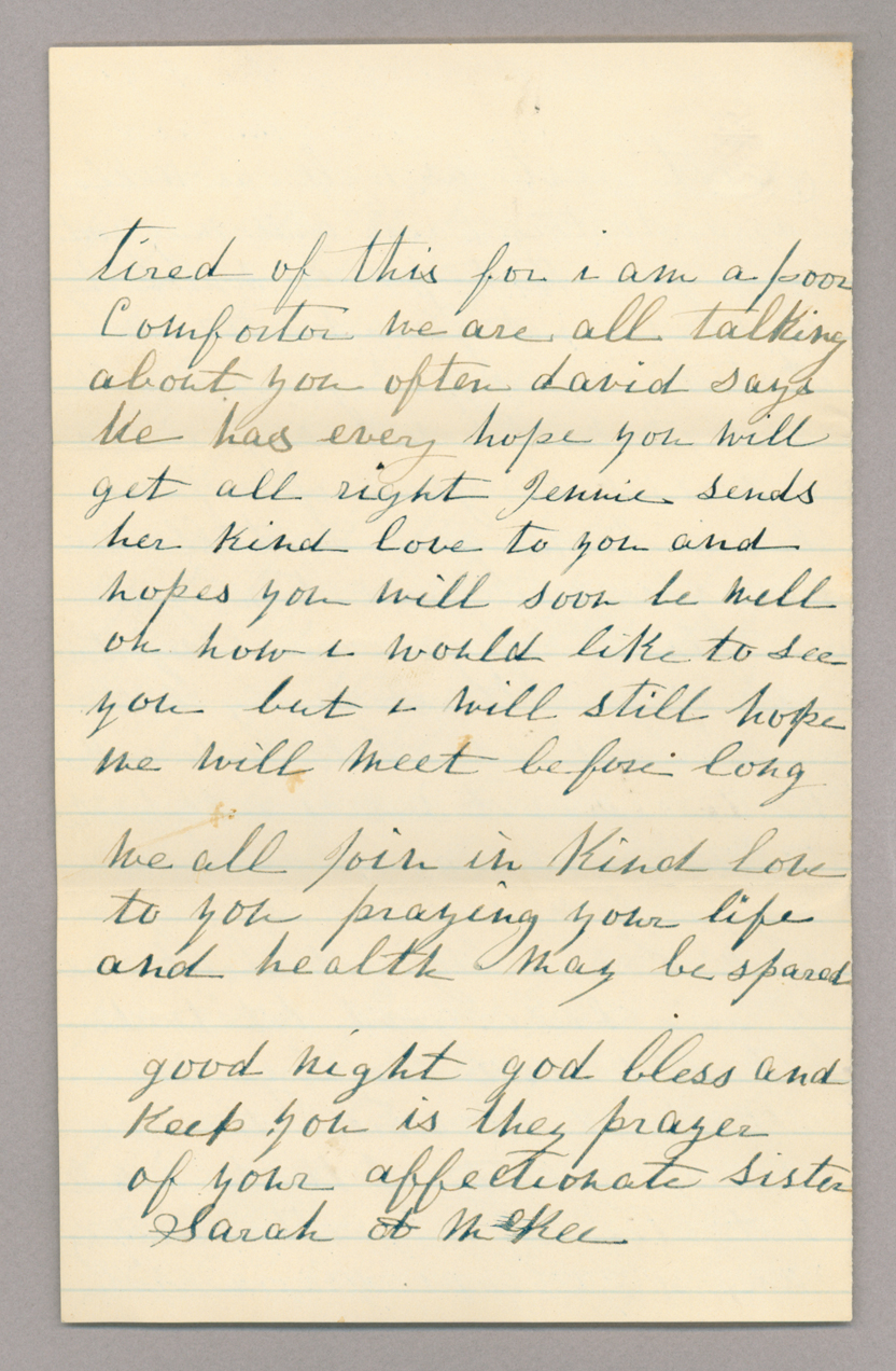 Letter. Sarah A[nn] McKee, Sewickley, Pennsylvania, to Mrs. John [Elizabeth Savage] Brownlee, Park House, Rome, New York, Page 4