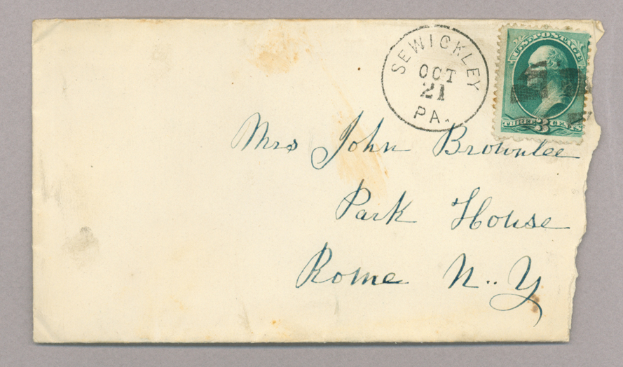 Letter. Sarah A[nn] McKee, Sewickley, Pennsylvania, to Mrs. John [Elizabeth Savage] Brownlee, Park House, Rome, New York, Envelope, Side 1