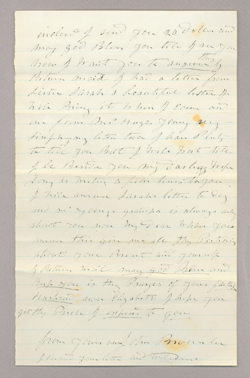 Letter. John [E.] Brownlee, North Wharton, Pennsylvania, to Mrs. John [Elizabeth Savage] Brownlee, Park House, Rome, New York, Page 2
