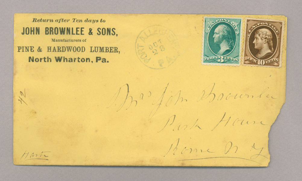Letter. John [E.] Brownlee, North Wharton, Pennsylvania, to Mrs. John [Elizabeth Savage] Brownlee, Park House, Rome, New York, Envelope, Side 1