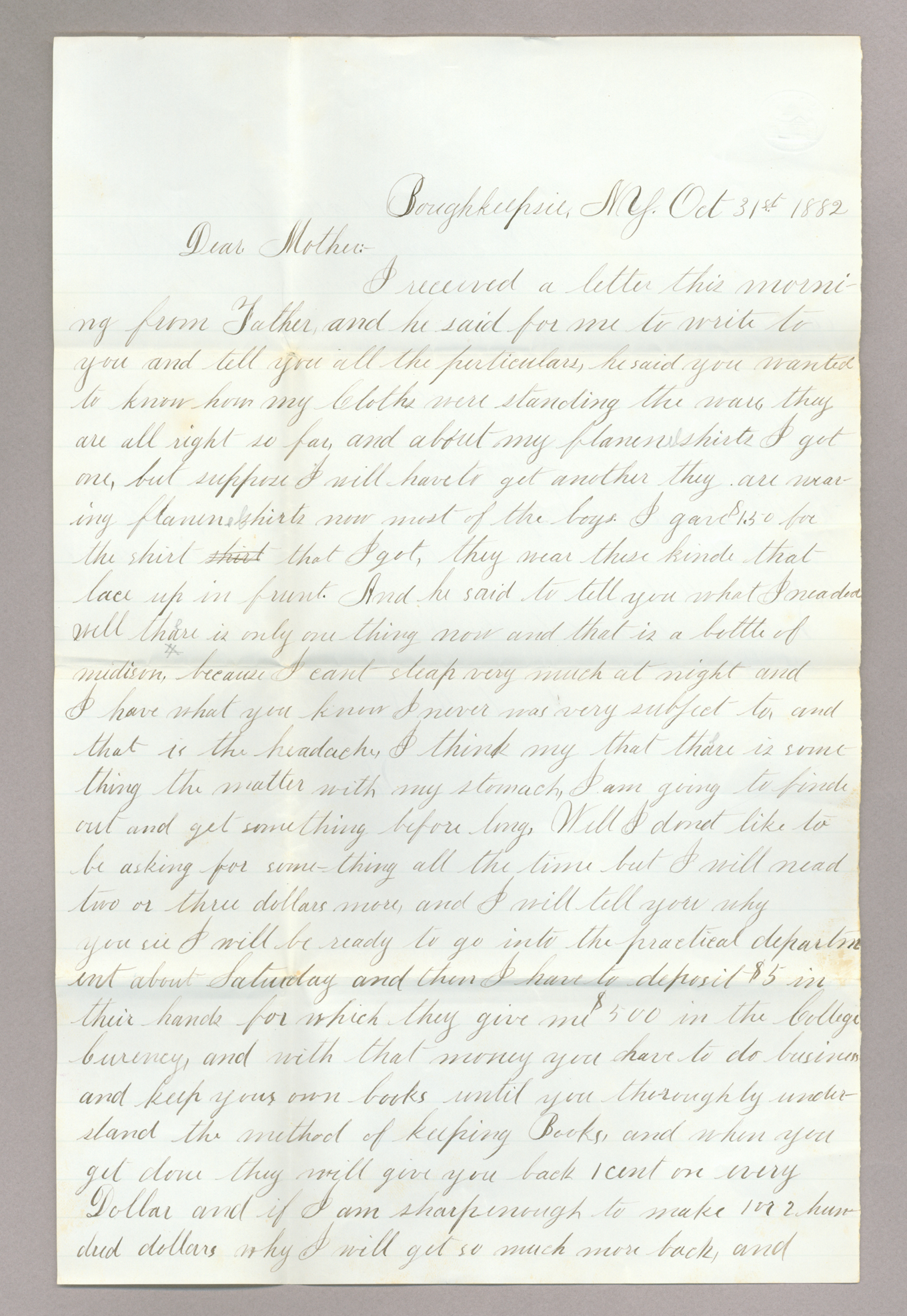 Letter. "Wm" [William Brownlee], Poughkeepsie, New York, to Mrs. Elizabeth [Savage] Brownlee, Park House, Rome, New York, Page 1