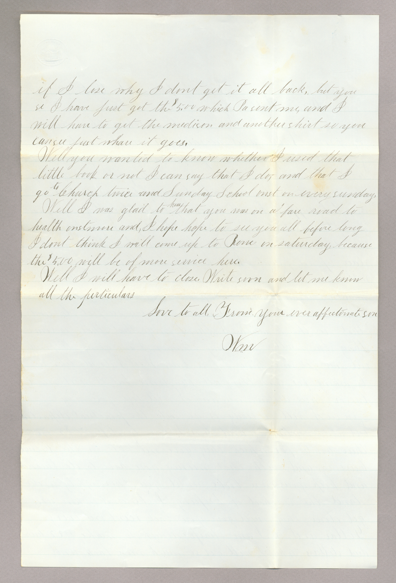 Letter. "Wm" [William Brownlee], Poughkeepsie, New York, to Mrs. Elizabeth [Savage] Brownlee, Park House, Rome, New York, Page 2