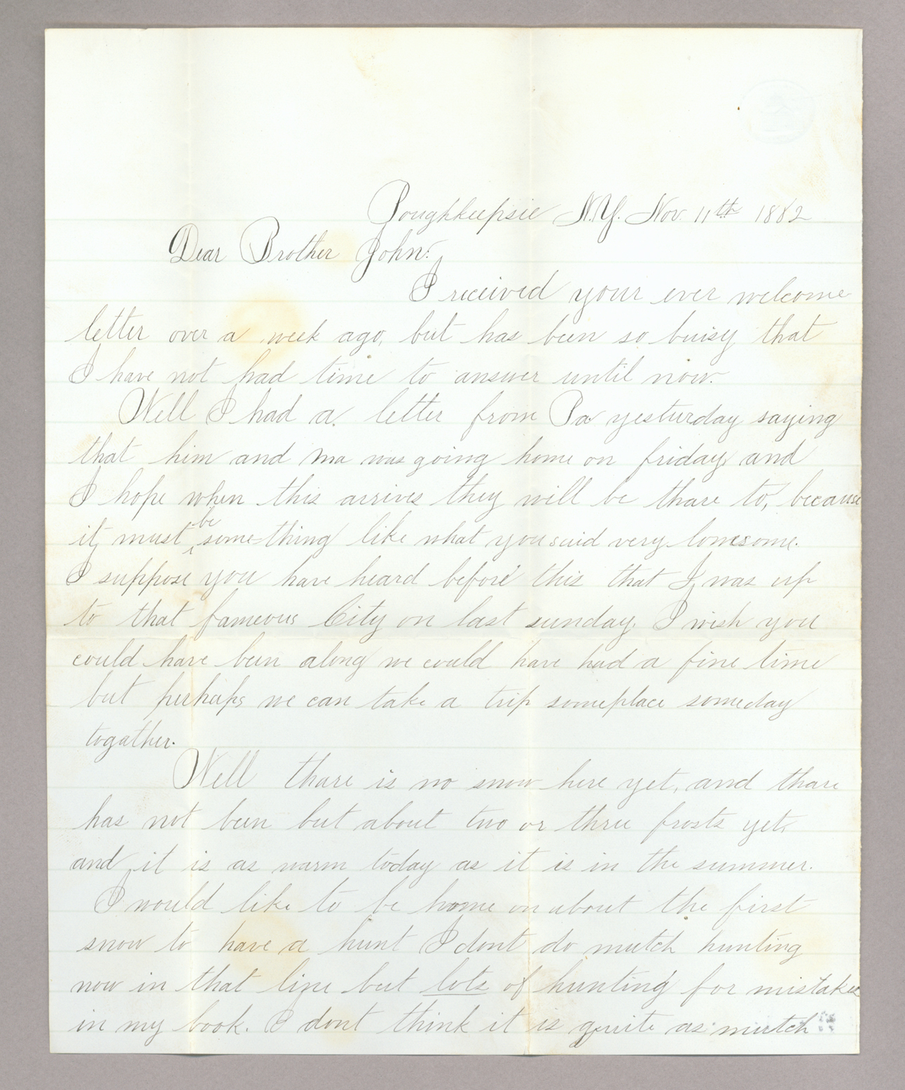 Letter. "Wm" [William Brownlee], Poughkeepsie, New York, to John E. Brownlee [Jr.], North Wharton, Pennsylvania, Page 1