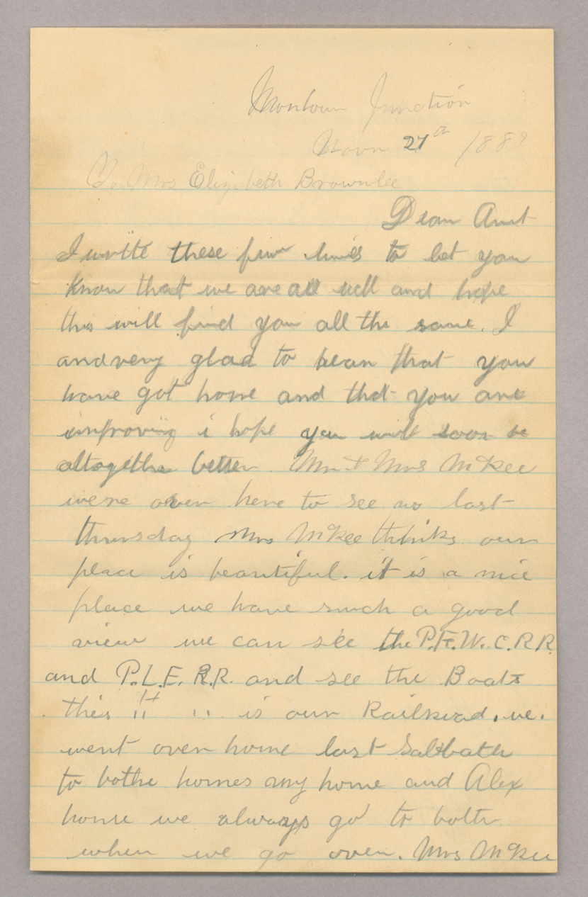 Letter. Sallie McKee, Montour Junction, Pennsylvania, to Mrs. Elizabeth [Savage] Brownlee, n. p., Page 1