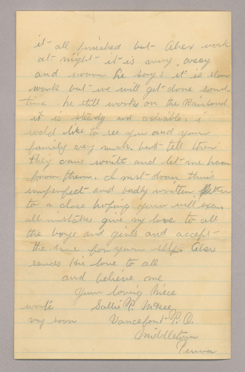 Letter. Sallie McKee, Montour Junction, Pennsylvania, to Mrs. Elizabeth [Savage] Brownlee, n. p., Page 4