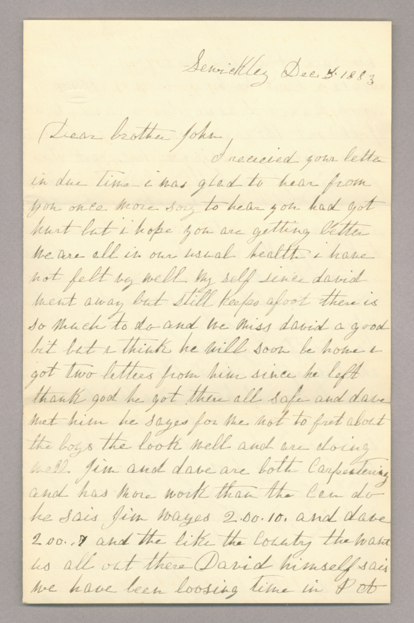 Letter. Sarah A[nn] McKee, Sewickley, Pennsylvania, to "Dear brother John" [John E. Brownlee], North Wharton, Pennsylvania, Page 1