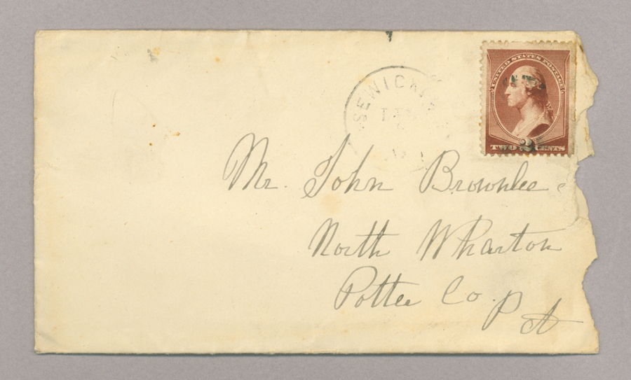 Letter. Sarah A[nn] McKee, Sewickley, Pennsylvania, to "Dear brother John" [John E. Brownlee], North Wharton, Pennsylvania, Envelope, Side 1