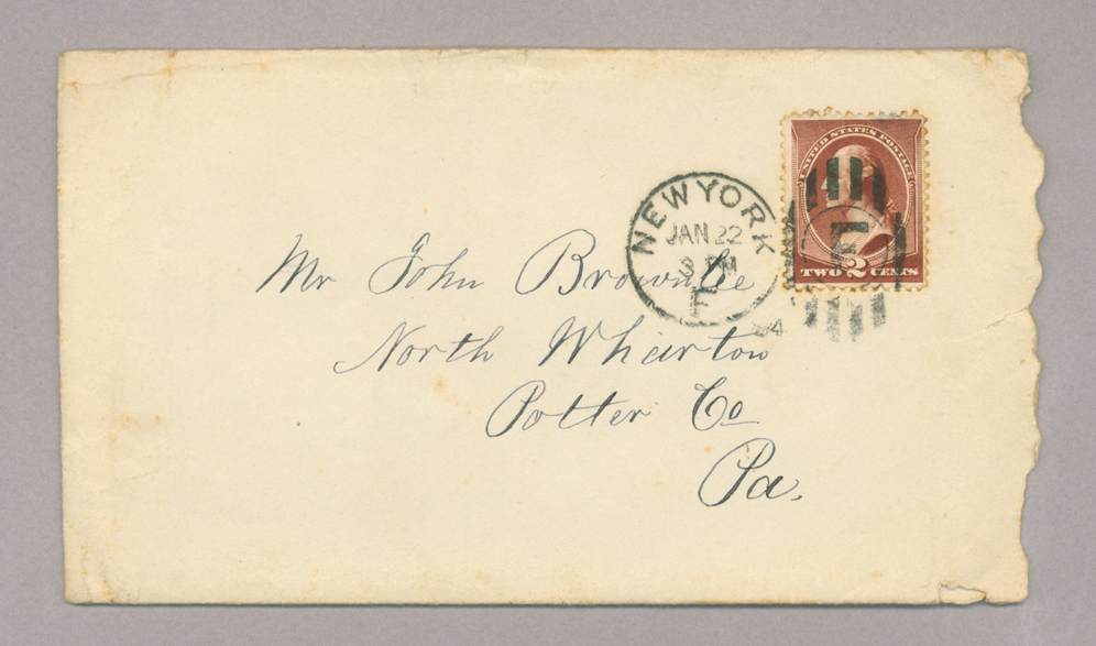 Letter. James Stott, New York, New York, to Mr. John [E.] Brownlee, North Wharton, Pennsylvania, Envelope, Side 1